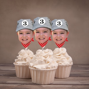 Train birthday, Birthday Photo cupcake toppers. Train conductor with scarf, Choo Choo train, train conductor, topper, boy birthday image 1