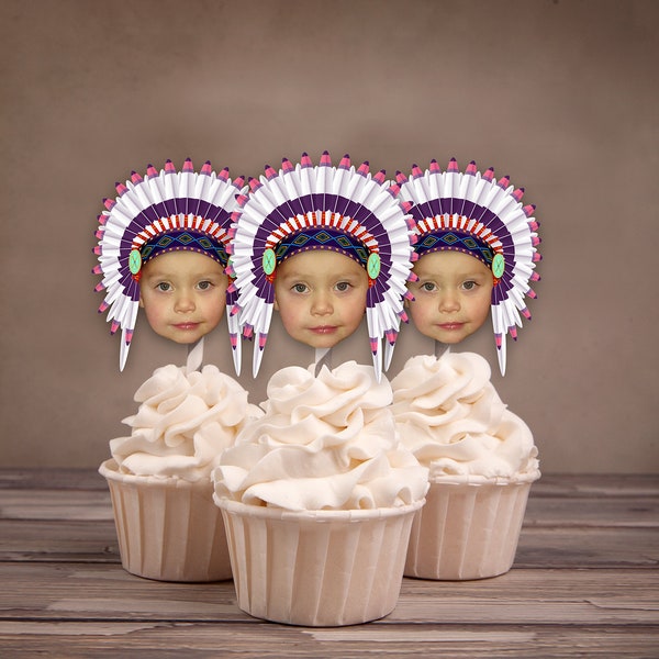 Photo Cupcake Toppers, Digital File, Indian, chief, western,, first birthday, Thanksgiving, pow wow, party, birthday, western