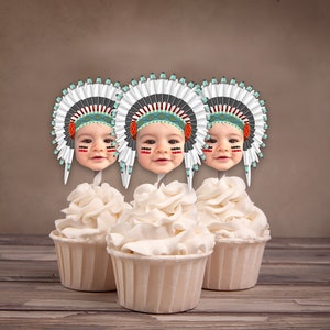 Photo Cupcake Toppers, Digital File, Indian, chief, western,, first birthday, Thanksgiving, pow wow, party, birthday, western image 1