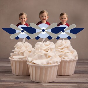 Personalized Airplane Photo Cupcake Toppers, Pilot Birthday (Digital File)