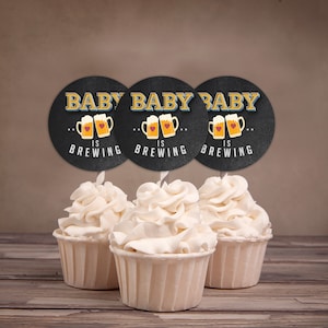 Baby is brewing, cupcake toppers, Coed baby shower, Beer baby shower, couples baby shower BBQ, retro, beer tasting, printable files