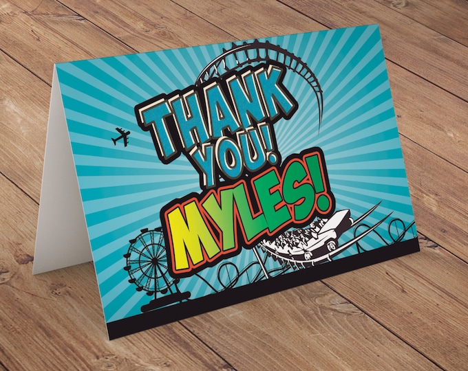 Thank you card, Amusement Park party, super hero birthday, rollercoaster, party decor, greeting card, comic party