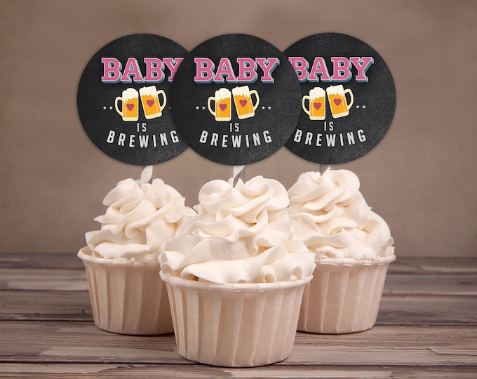 Baby is brewing, cupcake toppers Coed baby shower, Beer baby shower, couples baby shower BBQ, retro, beer tasting, printable files