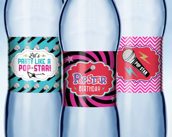 Pop Star, Rock Star, Water Bottle Labels for Birthday Party and baby shower - Rock Star Decorations - Water Bottle Labels - karaoke