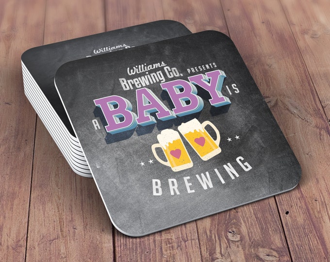 Digital logo file Baby is brewing, Coed baby shower invitation- Beer baby shower invitation- couples baby shower - BBQ, party, Coaster