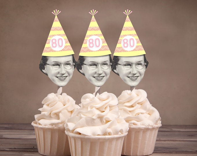 Digital File - Photo Cupcake Toppers (Birthday Hat Design) Color Coordinated with your Party Scheme, birthday decor, milestone birthday