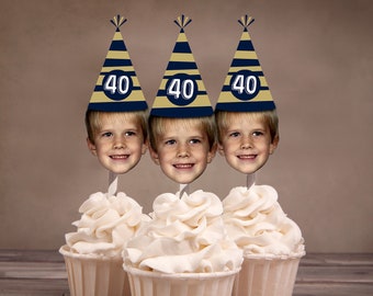 Digital File - Photo Cupcake Toppers (Birthday Hat Design)  Color Coordinated with your Party Scheme, birthday decor, milestone birthday
