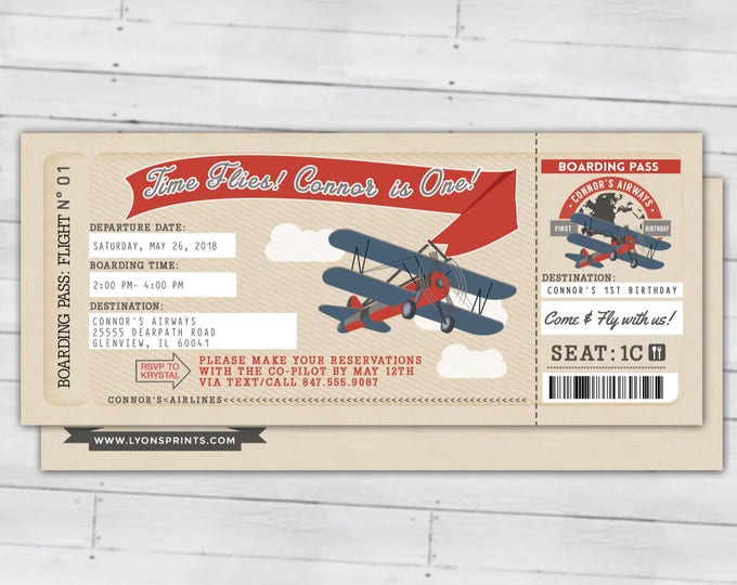 Time Flies, Vintage Airplane Boarding Pass Birthday Invitation- Vintage, Airplane, first birthday, ticket invitation, Digital files only