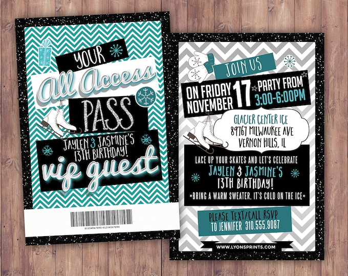 Ice Skating, invitation, birthday, VIP PASS, backstage pass, Vip invitation, birthday invitation,lanyard, Rock Star birthday, winter,chevron