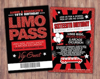 VIP PASS, Limo pass, Birthday party, 21st birthday, backstage pass, cocktail party, birthday invitation, wedding, bachelor, party bus