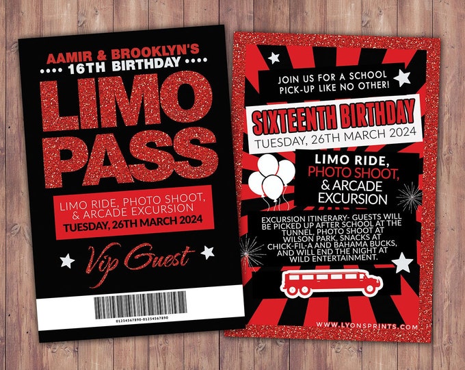 VIP PASS, Limo pass, Birthday party, 21st birthday, backstage pass, cocktail party, birthday invitation, wedding, bachelor, party bus