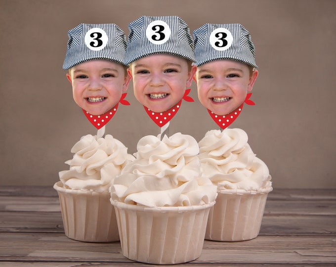 Train birthday, Birthday Photo cupcake toppers. Train conductor with scarf, Choo Choo train,  train conductor, topper, boy birthday