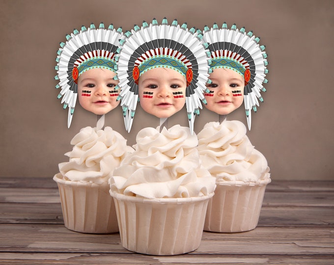 Photo Cupcake Toppers, Digital File, Indian, chief, western,, first birthday, Thanksgiving, pow wow, party, birthday, western
