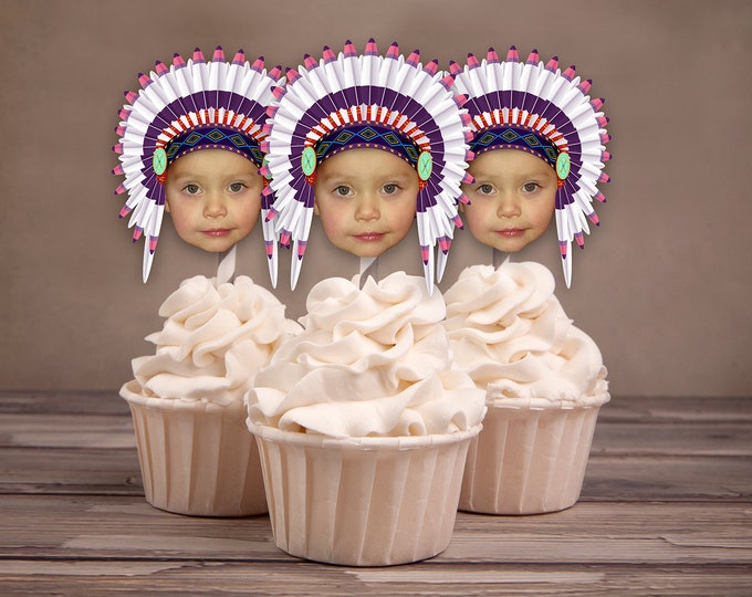 Photo Cupcake Toppers, Digital File, Indian, chief, western,, first birthday, Thanksgiving, pow wow, party, birthday, western