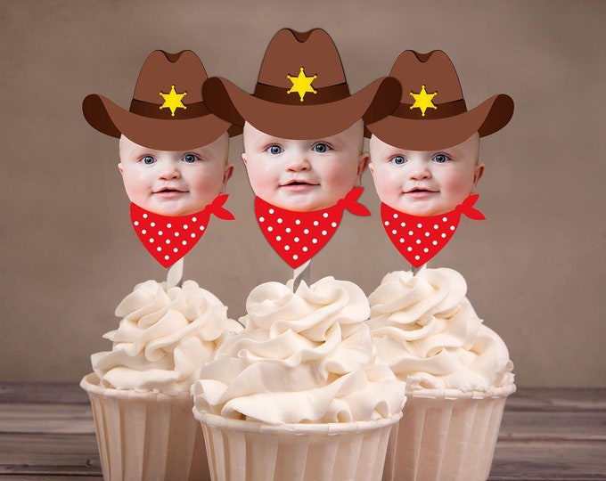 Photo Cupcake Toppers (Birthday Hat Design) Digital File - circus, carnival, under the big top, first birthday, 1st, western, cowboy,indians