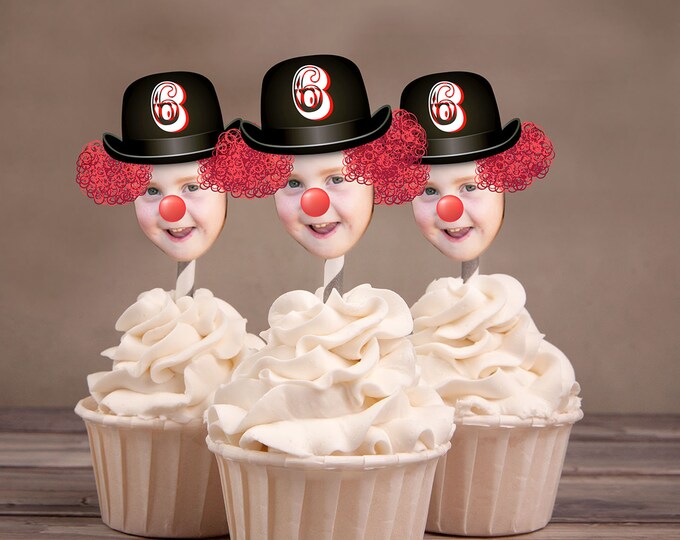 Photo Cupcake Toppers (Birthday Hat Design) Digital File - circus, carnival, under the big top, first birthday, 1st, clown, vintage, topper