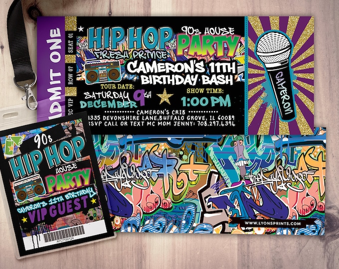 Hip hop birthday invitation, ticket invitation, Hip Hop party, throwback party, 90s invitation,, Graffiti invitation