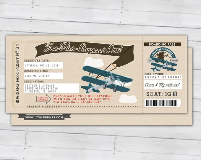 Time Flies, Vintage Airplane Boarding Pass Birthday Invitation- Vintage, Airplane, first birthday, ticket invitation, Digital files only