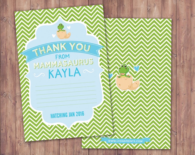 Dinosaur, baby shower, thank you card, dino baby, chevron pattern, hatching, party decor,  baby shower,baby dinosaur, coed baby shower