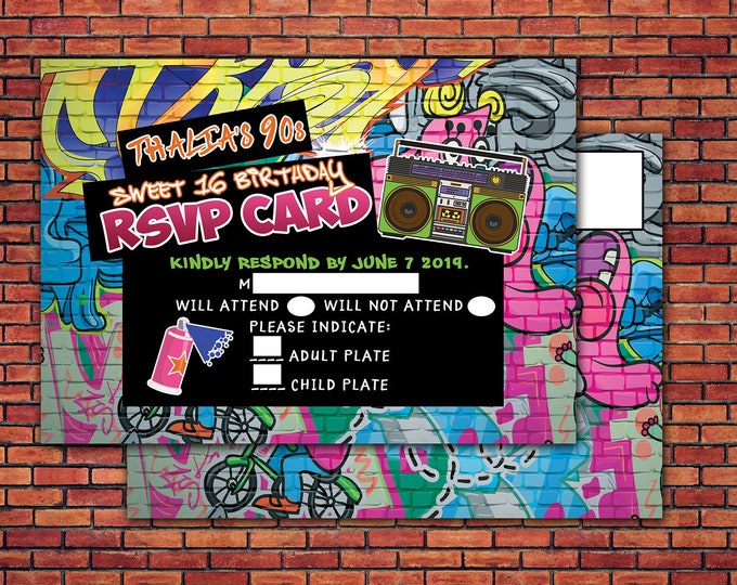 Hip Hop, RSVP card, Graffiti, throwback party, sweet 16, Fresh Prince, 90s party, 80s party, Hip hop theme