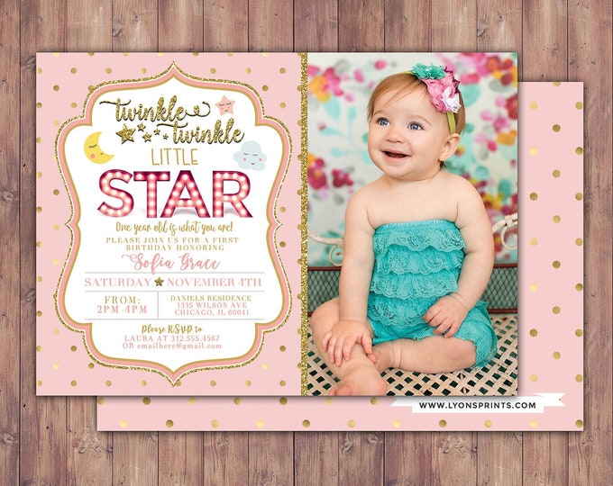 Twinkle twinkle little star first birthday invitation, first birthday invitation girl pink and gold, photo 1st birthday invitation, boy
