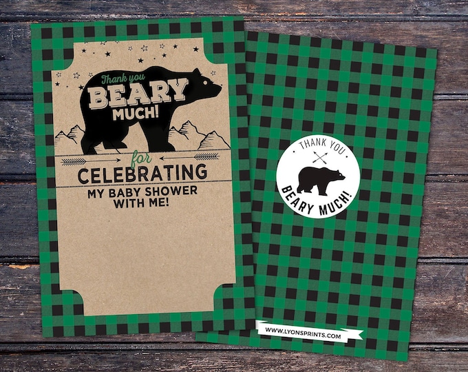 Baby shower, thank you, digital file only, Lumberjack thank you card, Lumberjack birthday, Buffalo Plaid Woodland. bear thank you card