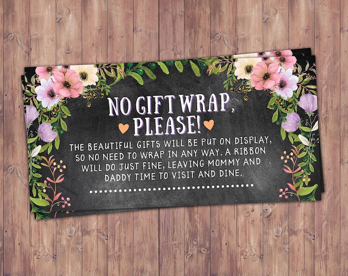 No gift wrap insert request, Floral, rustic, BOHO, BabyQ, chalkboard, Co-ed Baby Shower, BBQ, babyq, baby boy, baby girl, shower game
