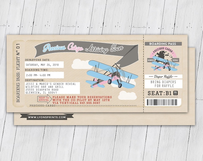 Precious Cargo Invitation, Baby Shower Invitation , ticket invitation, passport invitation, vintage airplane invitation, boy baby shower