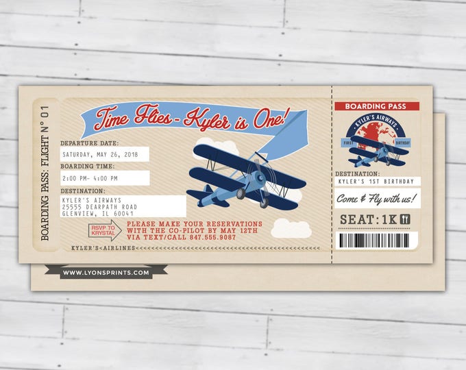 Time Flies, Vintage Airplane Boarding Pass Birthday Invitation- Vintage, Airplane, first birthday, ticket invitation, Digital files only