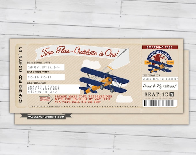 Time Flies, Vintage Airplane Boarding Pass Birthday Invitation- Vintage, Airplane, first birthday, ticket invitation, Digital files only