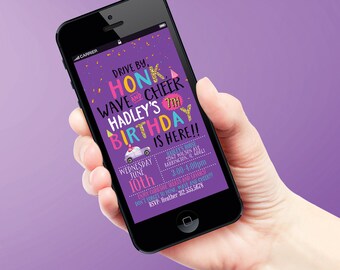 May include: A purple mobile phone screen displaying a birthday party invitation for Hadley's 10th birthday. The invitation features a car graphic, confetti, and the text "Drive by, Honk, Wave and Cheer! Hadley's 10th Birthday is here!!"  The invitation includes the date, time, and address of the party.