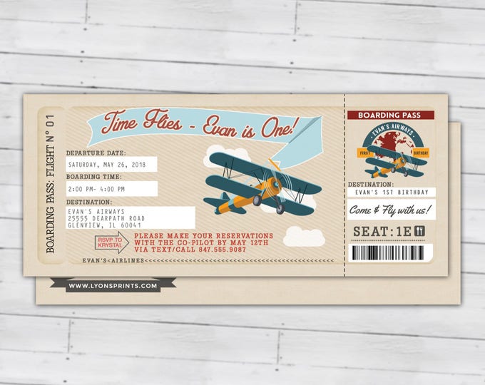 Time Flies, Vintage Airplane Boarding Pass Birthday Invitation- Vintage, Airplane, first birthday, ticket invitation, Digital files only