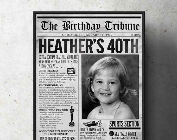 Birthday party decoration, 50th, 60th, 30th, 40th, 70th , Digital file only, birthday gift for women and men, Newspaper sign