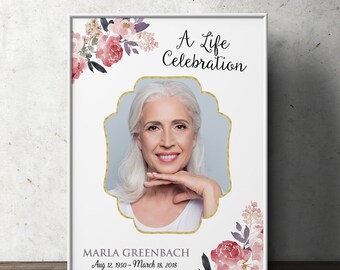 Digital Funeral Welcome Sign, Celebration of Life Poster, Guest Book Table, Floral Memorial Sign, Customized Template Photo Sign, printable