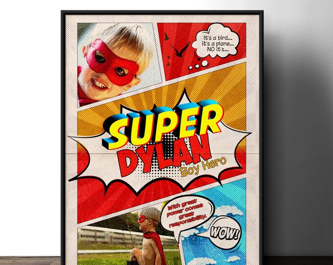 Custom comic poster, party sign, super hero, comic birthday, gift, playroom, game room, wall art, retro wall art, personalized sign, poster