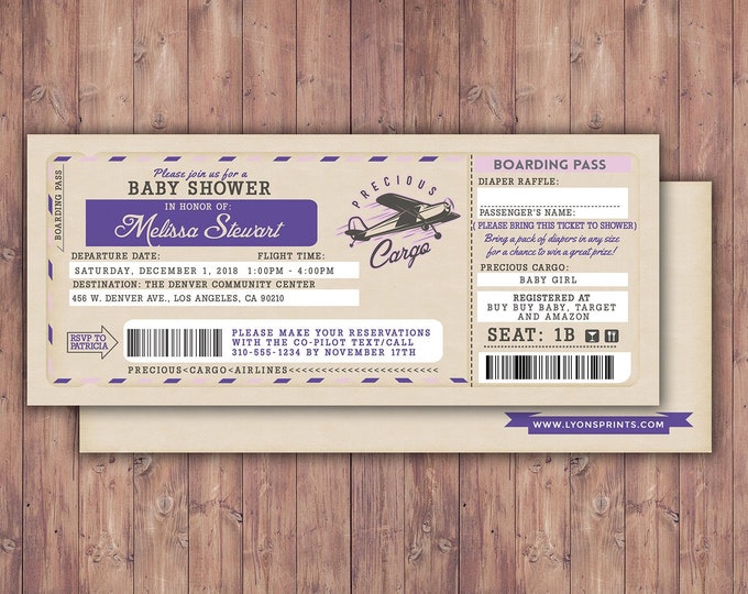 Airplane ticket baby shower invitation, vintage airplane, travel theme, Precious Cargo, time flies, airplane invite, Digital files only