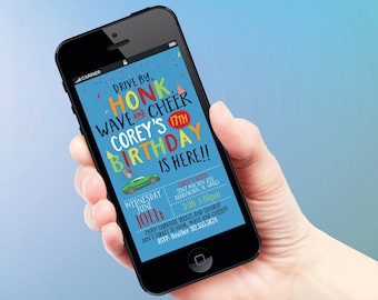 May include: A blue and yellow birthday party invitation on a smartphone screen. The invitation says "Drive by, Honk, Wave and Cheer Corey's 17th Birthday is here!!" with a cartoon car graphic. The invitation includes the date, time, and address for the party.