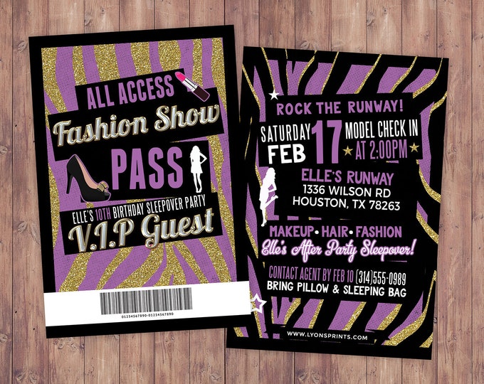 Rock the Runway, ticket birthday party invitation- popstar invitation-  rockstar party, fashion birthday, zebra print, high fashion, runway