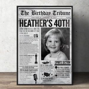 Newspaper Birthday party sign, 50th, 60th, 30th, 40th, 70th , Digital file only, birthday gift for women and men, milestone birthday