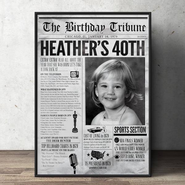 Newspaper Birthday party sign, 50th, 60th, 30th, 40th, 70th , Digital file only, birthday gift for women and men, milestone birthday