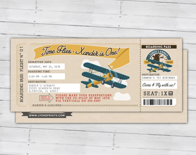 Time Flies, Vintage Airplane Boarding Pass Birthday Invitation- Vintage, Airplane, first birthday, ticket invitation, Digital files only