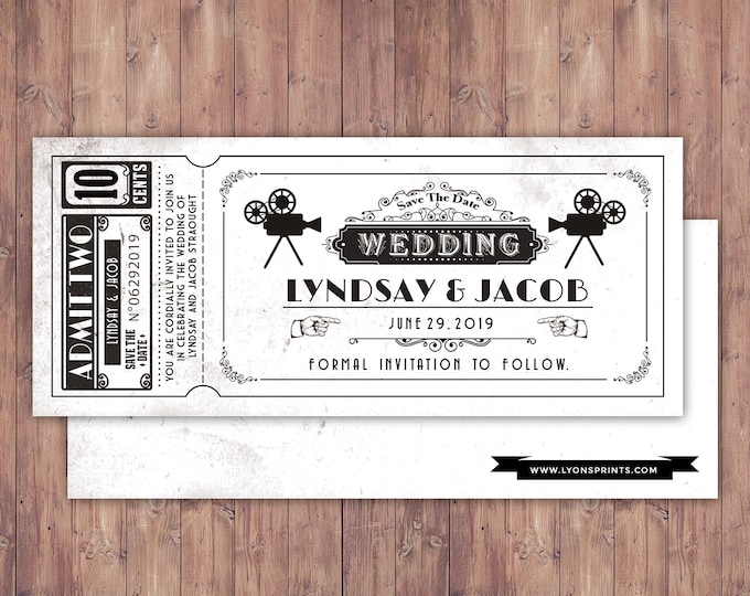 Art DecoVintage Retro Save the Date Ticket Announcement, wedding invitation, wedding shower, old Hollywood , Cinema, retro cinema ticket