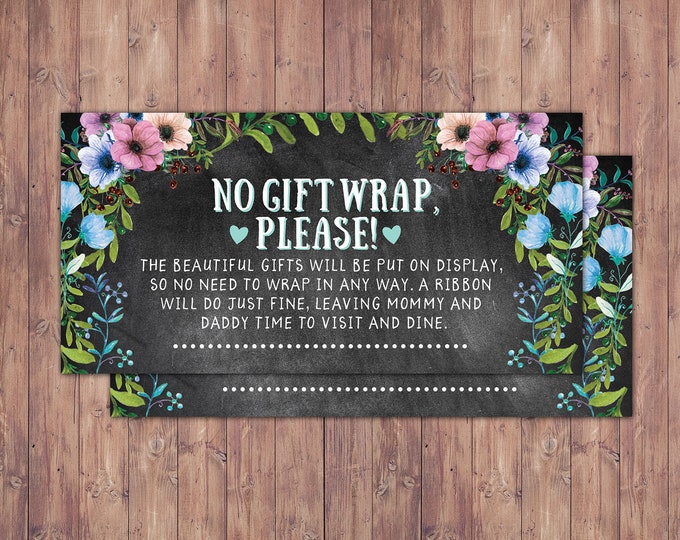 No gift wrap insert request, Floral, rustic, BOHO, BabyQ, chalkboard, Co-ed Baby Shower, BBQ, babyq, baby boy, baby girl, shower game