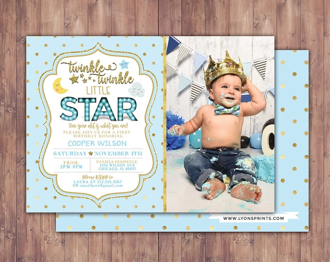 Twinkle twinkle little star first birthday invitation, first birthday invitation girl pink and gold, photo 1st birthday invitation, boy