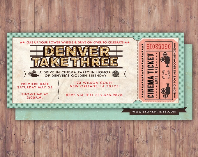 Vintage, retro, cinema ticket,  Birthday Invitation, ticket invitation, BOHO, movie ticket invitation, film, wedding invitation, prom