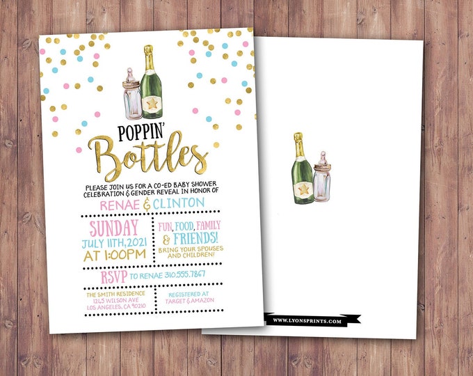 Champagne Poppin' Bottles, gender reveal Invitation, Poppin Bottles Co-ed Baby Shower Invitation, chalkboard  Poppin Bottles Baby Shower