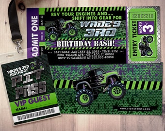 May include: Green and black monster truck birthday party invitation with a monster truck on the front and a VIP pass with the text "Wade's 3rd Birthday Pit Pass" on the back. The invitation includes the text "Rev your engines and... Shift into gear for Wade's 3rd Birthday Bash!" and the date and time of the party.