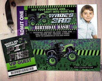 May include: A green and black monster truck birthday party invitation with a photo placeholder. The invitation features a monster truck with flames, a green and black checkered pattern, and the text "Wade's 3rd Birthday Bash!"