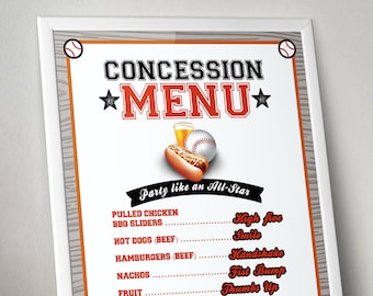 Concession menu sign, Baseball birthday, All Star Birthday, Baby shower, party decor, sports birthday, Bar Mitzvah, digital poster