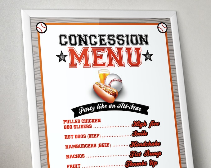 Concession menu sign, Baseball birthday, All Star Birthday, Baby shower, party decor, sports birthday, Bar Mitzvah, digital poster